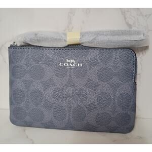COACH Denim Blue Signature Monogram Leather Corner Zip Wristlet - NWT